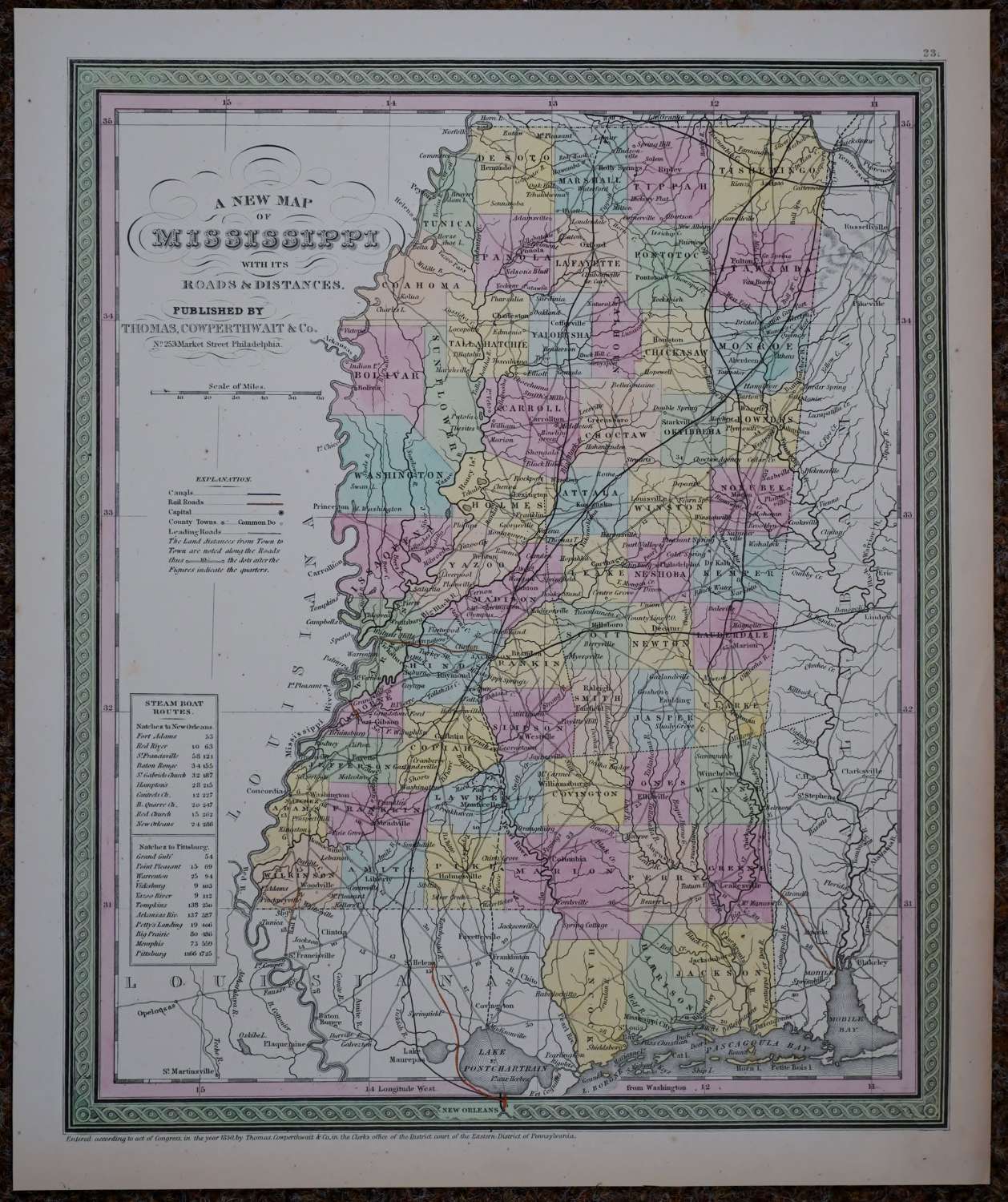 A New Map of Mississippi with its Roads & .. by Thomas Cowperthwaith